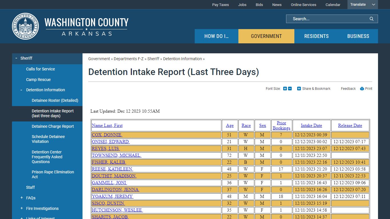 Detention Intake Report (last three days) | Washington County, AR